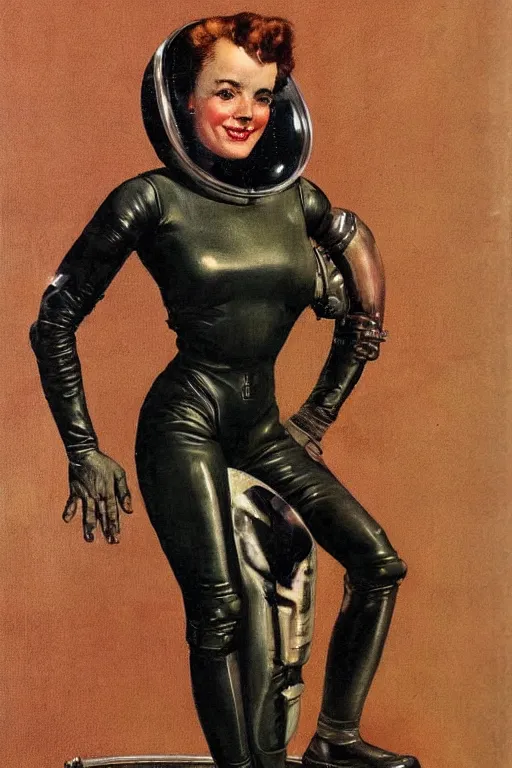 Prompt: 5 0 s pulp scifi fantasy illustration full body portrait slim mature woman in leather spacesuit in room, by norman rockwell, roberto ferri, daniel gerhartz, edd cartier, jack kirby, howard v brown, ruan jia, tom lovell, frank r paul, jacob collins, dean cornwell, astounding stories, amazing, fantasy, other worlds