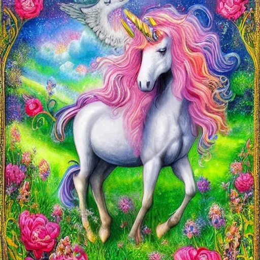 Image similar to beautiful unicorn with long flowing mane standing in field of flowers, detailed painting in the style of josephine wall 4 k