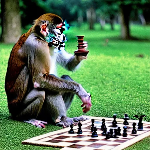 Prompt: portrait photo of a monkey playing chess in a park by annie liebovitz,