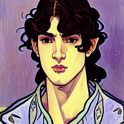 Prompt: painting of young handsome beautiful paladin elf! man with long wavy dark hair in his 2 0 s named shadow taehyung at the blueberry party, wearing armor!, elegant, clear, painting, stylized, delicate, soft facial features, art, art by alphonse mucha, vincent van gogh, egon schiele,