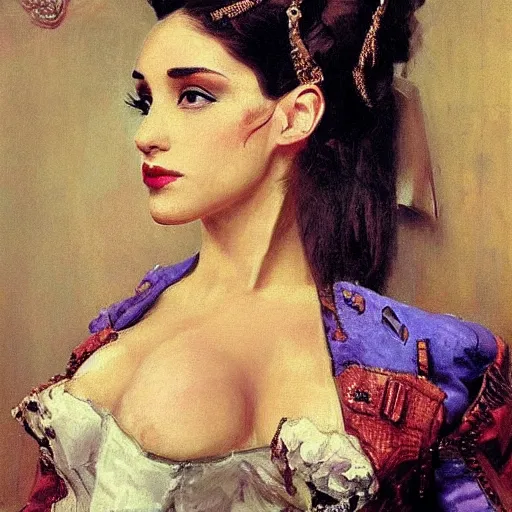 Prompt: Portrait of a steampunk Ariana Grande, elegant, mechanical, broad detail, facial details, vintage shading, by Ilya Repin