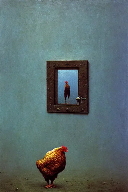 Image similar to a chicken trapped inside a mirror with a key on the ground, beksinski, oil painting