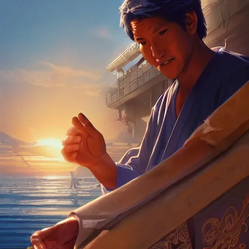 Prompt: karate kid, movie poster, miyagi, intricate, detailed, volumetric lighting, scenery, digital painting, highly detailed, artstation, sharp focus, illustration, artstation, art by artgerm and greg rutkowski and alphonse mucha