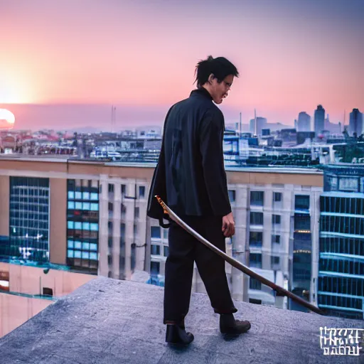 Image similar to a samouraï facing the sunset on a rooftop