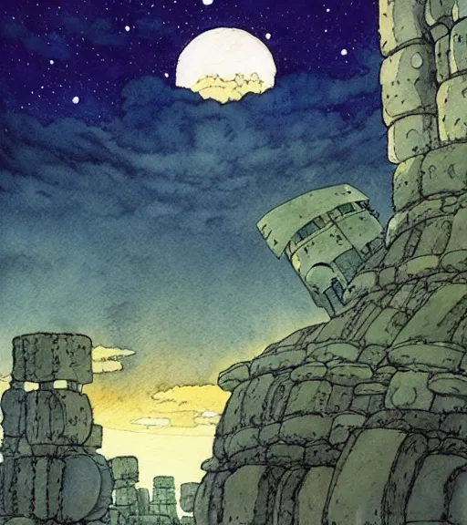 Image similar to hyperrealist studio ghibli watercolor fantasy concept art of an immense ufo from howl's moving castle sitting on stonehenge like a stool. it is a misty starry night. by rebecca guay, michael kaluta, charles vess