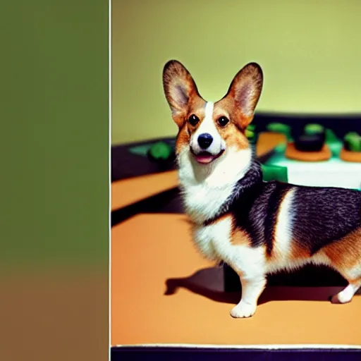 Image similar to photo of corgi in a house made out of sushi, cinestill, 800t, 35mm, full-HD