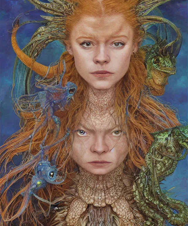 Prompt: a portrait photograph of a fierce sadie sink as an alien harpy queen with blue slimy amphibian skin. she is trying on evil bulbous slimy organic membrane fetish fashion and transforming into a fiery succubus amphibian eel. by donato giancola, walton ford, ernst haeckel, brian froud, hr giger. 8 k, cgsociety