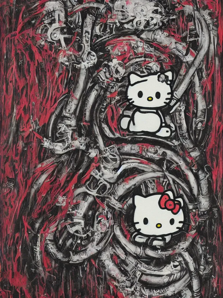 Prompt: Hello Kitty painted by H. R. Giger