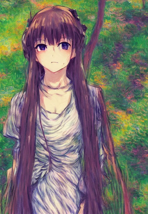 Image similar to wide angle portrait of a teenage girl, a thrifty outfit, somewhat of an anime in impressionist style, fantasy forest background, trending artwork, illustrated in anime painter studio, by claude monet and an anime artist, collaboration