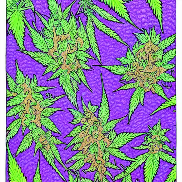 Image similar to trippy cannabis and mushroom fractals, colored pencil illustration