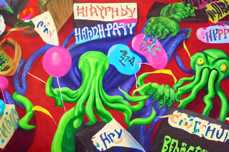 Image similar to cthulhu\'s birthday party with streamers and cake, 4k, oil painting, trending on artstation