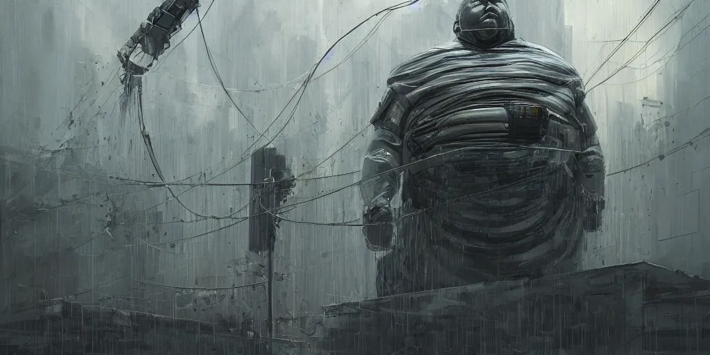 Image similar to portrait of a fat man sci fi soldier ranger, brutalist city architecture, dark epic, white and gold, cables and wires, high details, ceremonial clouds, dripping paint, fibonacci rhythm, artstation, art germ, wlop, pablo dominguez, sabbas apterus, award - winning, artstation