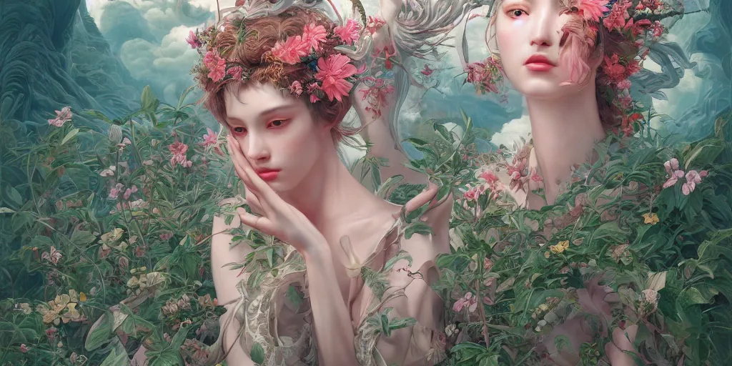 Image similar to breathtaking detailed concept art painting of the goddess of flamingo, orthodox saint, with anxious, piercing eyes, ornate background, epic composition, amalgamation of leaves and flowers, by Hsiao-Ron Cheng and John James Audubon and Miho Hirano, extremely moody lighting, 8K