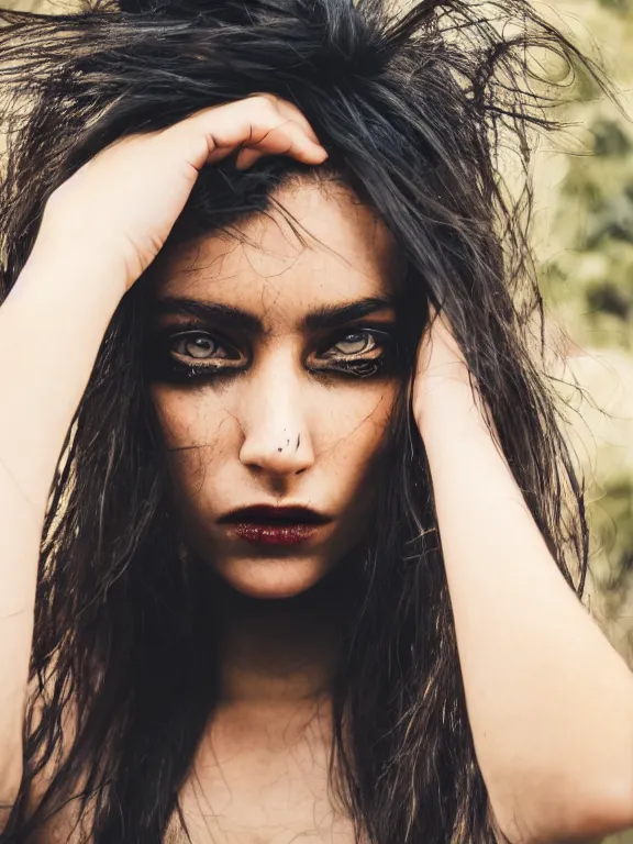 Image similar to hyperdetailed photo of a beautiful italian girl, brown eyes, dark hair, black makeup, skin, winds of winter, with tight ripped grunge crop t - shirt fine face, pretty face