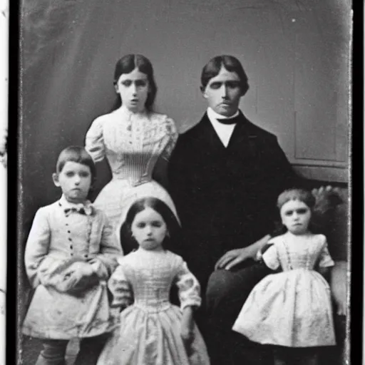 Prompt: black and white photo from the 1800s of a family, with a ghost appearing behind them