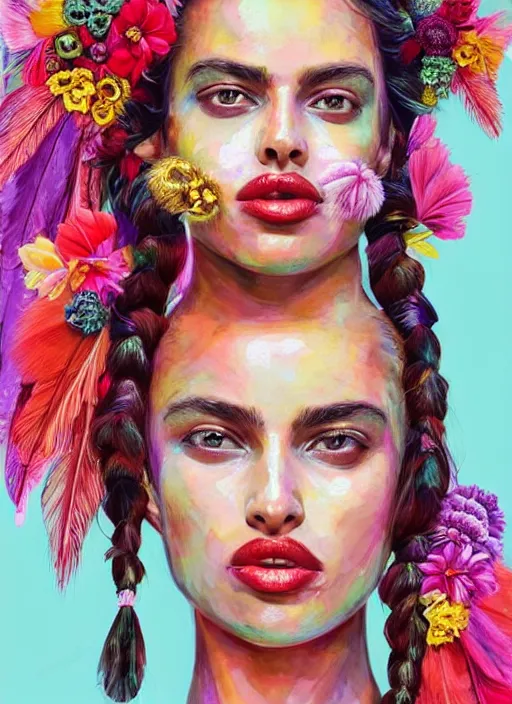 Image similar to beautiful portrait of Irina Shayk wearing dramatic Hand-dyed cotton dress,embellished beaded feather decorative fringe knots ,colorful pigtail,subtropical flowers and plants,symmetrical face,intricate,elegant,highly detailed,8k,digital painting,trending on pinterest,harper's bazaar,concept art, sharp focus, illustration,golden ratio,by artgerm,Tom Bagshaw,Lawrence Alma-Tadema,greg rutkowski