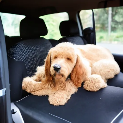 Prompt: a photo of a goldendoodle sleeping on the backseat of a car