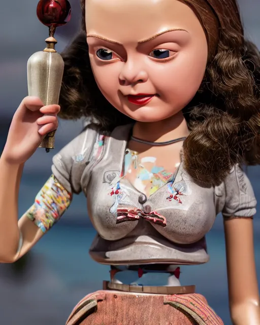 Image similar to closeup face profile portrait of a tin toy retro 1 9 5 0 s greta thunberg, bikini, depth of field, zeiss lens, fashion photoshoot by nicoletta ceccoli, mark ryden, lostfish, breathtaking, detailed and intricate environment, 8 k resolution, extremely detailed, beautiful, establishing shot, artistic, hyperrealistic, octane render