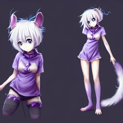 Prompt: advanced full body digital anime art, cute anime female dog hybrid, short white hair, purple watery eyes, dog paws for arms and legs and a big dog tail , full round face :: cinematic lighting, rim lighting, very highly intricately detailed, trending on pixiv :: Steven Artgerm Lau, WLOP, RossDraws, RuanJia, James Jean, Andrei Riabovitchev, Totorrl, Marc Simonetti, Visual Key, and Sakimichan