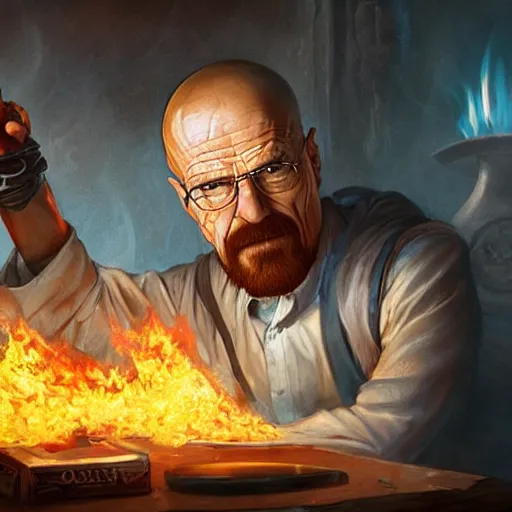 Image similar to Walter White as an Alchemist Making a Potion of Stored Flames of Eden, Fantasy Illustration by Tony Sart, Trending on artstation