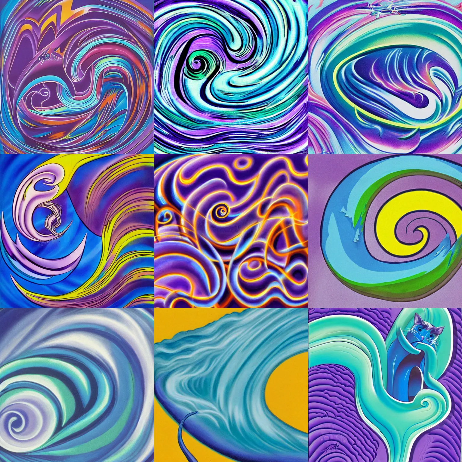 Prompt: airbrush art of an o ocean wave in the shape of a cartoon cat in front of a blue and purple checkerboard pattern, 1982