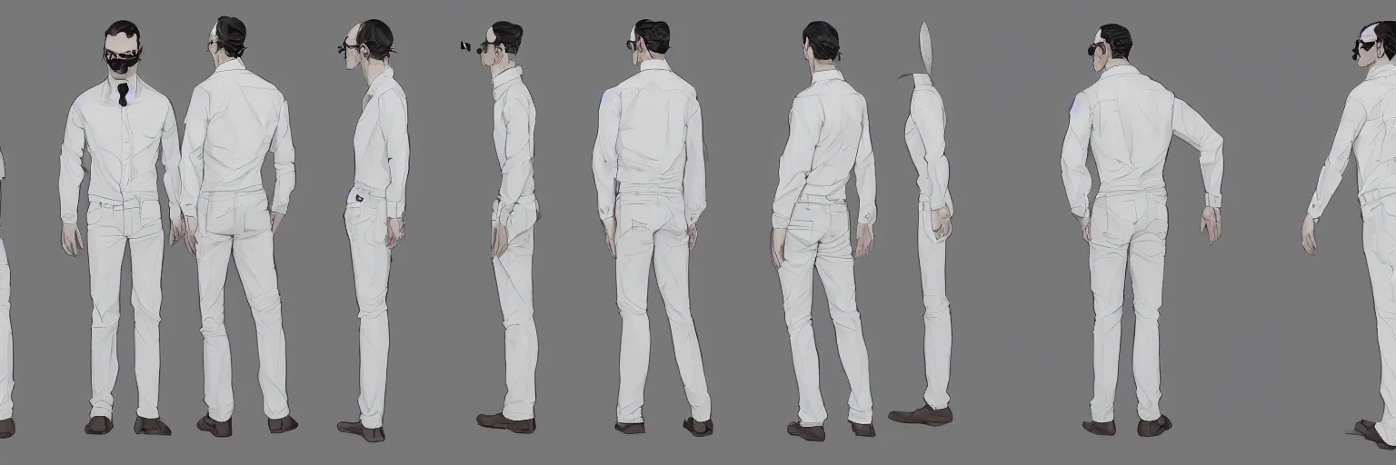 Prompt: full body character study of a mike patton dressed casual, white shirt, black tie, clear, evil, glasses, character sheet, fine details, concept design, contrast, kim jung gi, da vinci and pixar, trending on artstation, 8 k, full body and head, turnaround, front view, back view, ultra wide angle