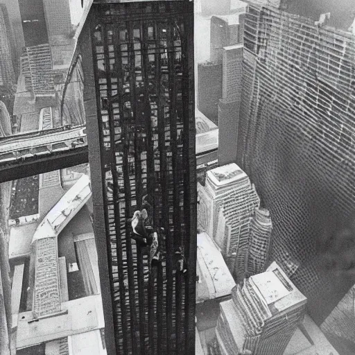 Image similar to king kong climbing the world trade center, award winning photograph