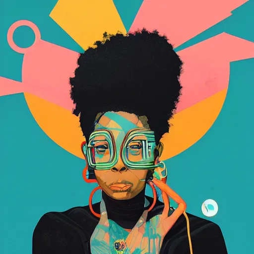 Prompt: Erykah Badu profile picture by Sachin Teng, asymmetrical, Organic Painting , Matte Painting, geometric shapes, hard edges, graffiti, street art:2 by Sachin Teng:4