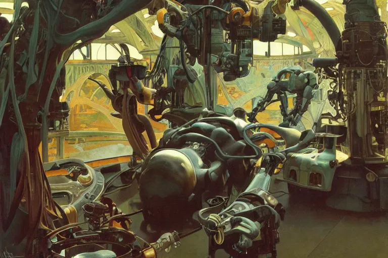 Image similar to natural landscape | robot repairing another robot, painting by syd mead and weta studio, alphonso mucha, james jean, frank frazetta, highly detailed, rule of third, soft lighting, 8 k resolution, oil on canvas, architectural magazine, beautiful detailed, insanely intricate details, artstation trending, hypermaximalistic, high details, cinematic