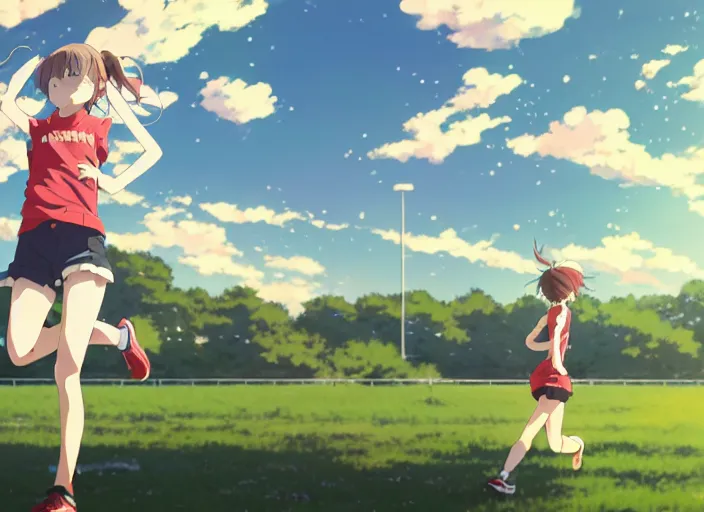 Image similar to high school runner girl, sunny sky background stadium landscape illustration concept art anime key visual trending pixiv fanbox by wlop and greg rutkowski and makoto shinkai and studio ghibli and kyoto animation symmetry red sports clothing marathon yellow running shoes number tag