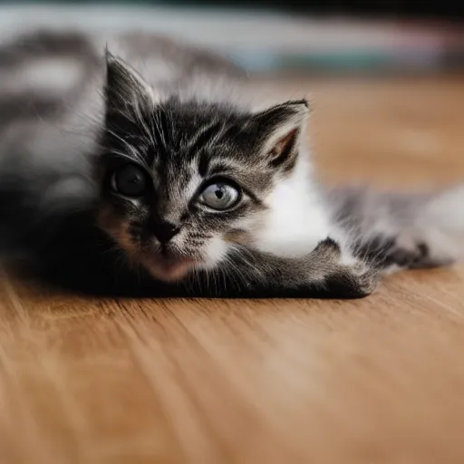 Prompt: a kitten lying on a floor