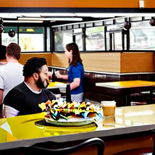 Image similar to busy wafflehouse interior with customers eating breakfast and wafflehouse employees serving food and cooking food behind countertop that has food on top of it
