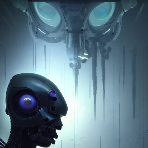 Image similar to dark digital concept art portrait of a high - tech robot on a depth of field background, artstation, award - winning realistic sci - fi concept art by jim burns and greg rutkowski, beksinski, a realism masterpiece, moody color palette, james gilleard, bruegel, alphonse mucha, and yoshitaka amano