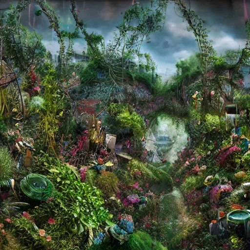 Prompt: panoramic view of a jungle of flowers and vines growing over great heaps of chrome machinery and rusty weapons in puddles of glistening oil artists tram pararam and doctor seuss with beryl cook and hr giger neon high contrast cinematic light, mystical shadows, sharp focus, warhammer fourty k, octane render