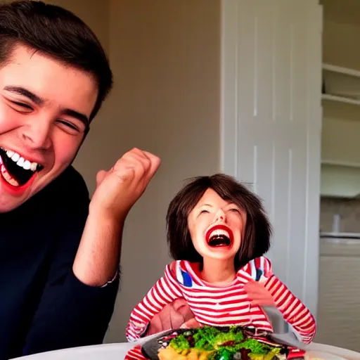 Prompt: a very excited young man with an open mouth smile, drooling over a tiny nancy pelosi on a plate