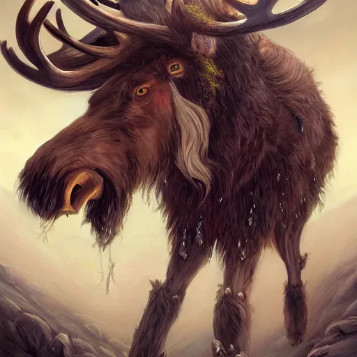 Prompt: hairy barbarian with moose head by edwin austin abbey and cyril rolando