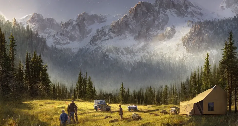 Image similar to cabela's beautiful comfortable community of modular insulated wall container home kit - house all weather family dwelling tent house, person in foreground, mountainous forested wilderness open fields, beautiful views, painterly concept art, environmental concept art, concept art illustration, by james gurney, by craig mullins, by greg rutkowski trending on artstation