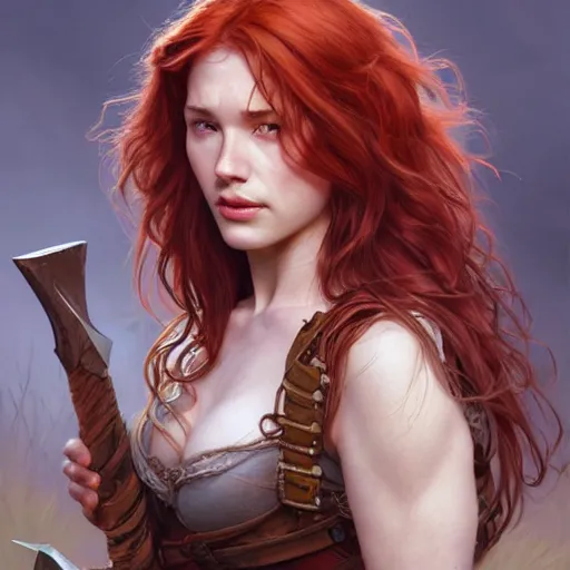 Image similar to portrait of a young ruggedly handsome buxom but joyful barbarian, female, feminine, upper body, red hair, long hair, d & d, fantasy, seductive smirk, intricate, elegant, highly detailed, digital painting, artstation, concept art, matte, sharp focus, illustration, art by artgerm and greg rutkowski and alphonse mucha