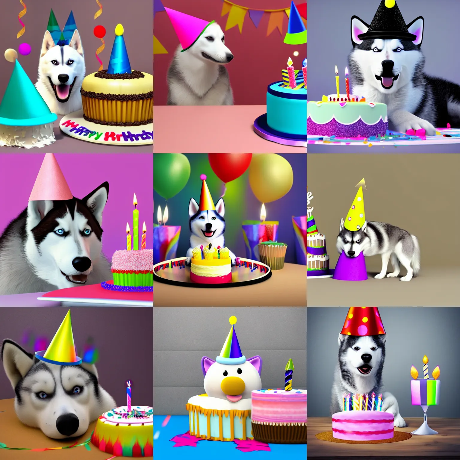 Prompt: husky wearing a party hat next to a birthday cake, 3 d, digital art, very detailed, realistic, unrealenige 5, 4 k hd