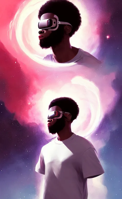 Image similar to handsome black genius hacking the metaverse, vr headset, white t - shirt and jordans, flying through spacetime, exploding nebulae, highly detailed, digital painting, artstation, concept art, smooth, sharp focus, illustration, art by wlop, mars ravelo and greg rutkowski