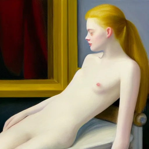 Image similar to Painting of Elle Fanning bringing about the age of fire, long blonde hair, delicate, pale milky white porcelain skin, by Edward Hopper. 8K. Extremely detailed.