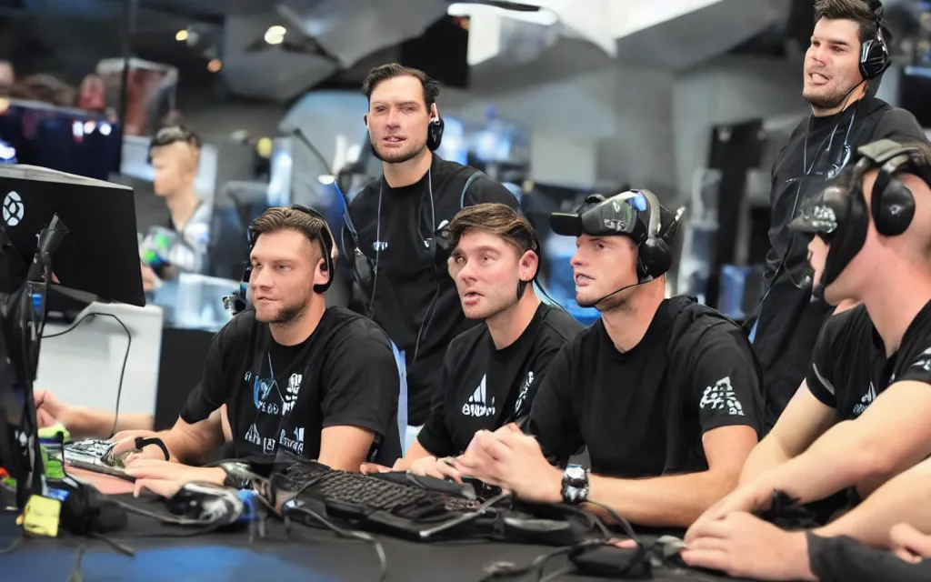 Image similar to andy carrol coaching a halo team at an e - sports event