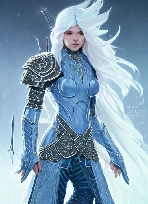 Image similar to light azure armor!!! long wild white hair!! covered chest!!! fantasy, d & d, intricate ornate details, digital painting, pretty face!!, symmetry, concept art, sharp focus, illustration, art by artgerm! greg rutkowski magali villeneuve wlop! ilya kuvshinov!!, octane render