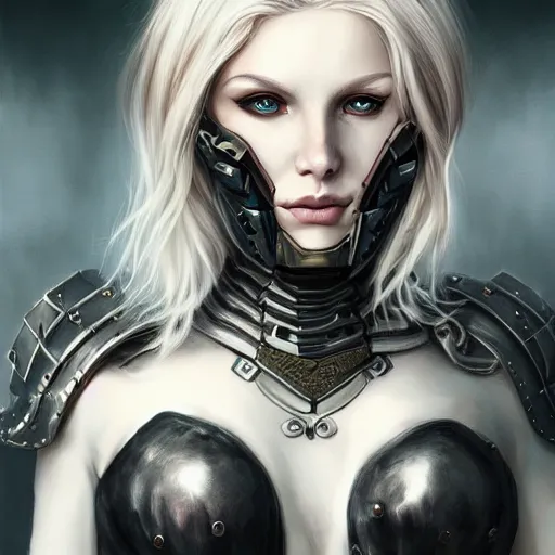 Prompt: portrait of a heavily armored blonde woman, dark fantasy, gloomy atmosphere, trending on artstation, hyper detailed, by artgerm