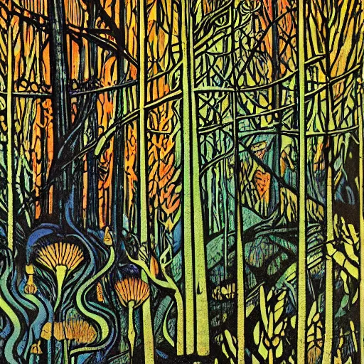 Prompt: a dark forest, colored woodcut, poster art, by Mackintosh, art noveau, by Ernst Haeckel, bright pastel colors