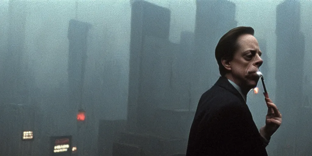 Image similar to beautiful cinematic film still of steve buscemi smoking a cigarette on a building top overlooking the rainy city in blade runner, 4 k