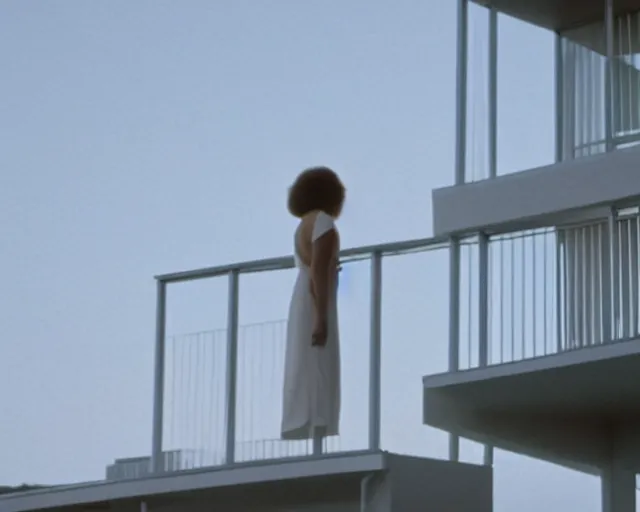 Image similar to a still of a woman standing behind a huge white balcony of a minimalist house, outside view, clear sky, minimalist composition, in the music video Wrapped Around your Finger (1983)