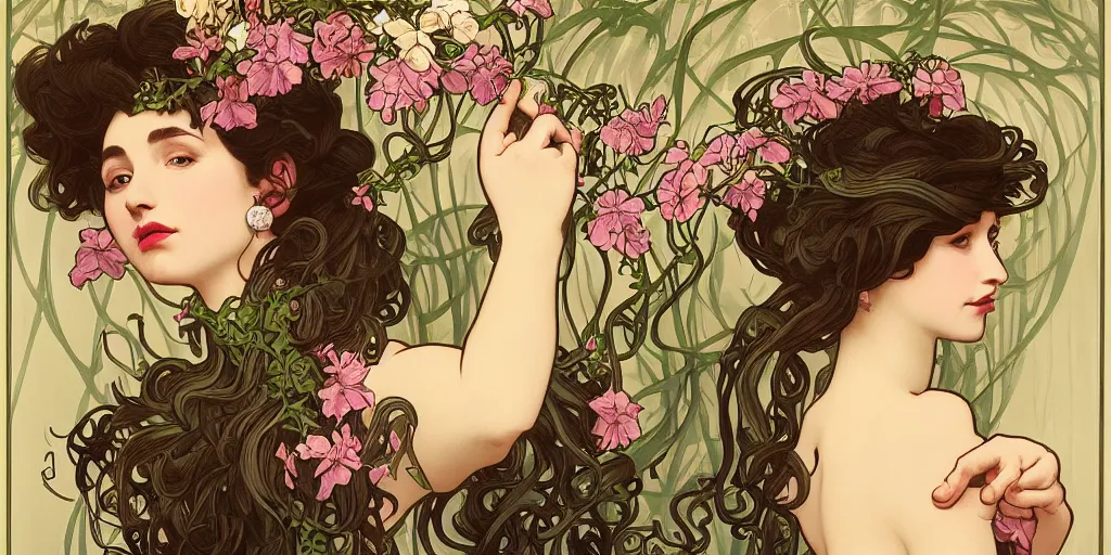Image similar to a portrait of a very seductive young woman, hair full of gigantic flowers and octopus tentacles, photoillustration, realistic, closeup, facing the camera, dark, dramatic lighting, in the style of WLOP and Alphonse Mucha and Caravaggio