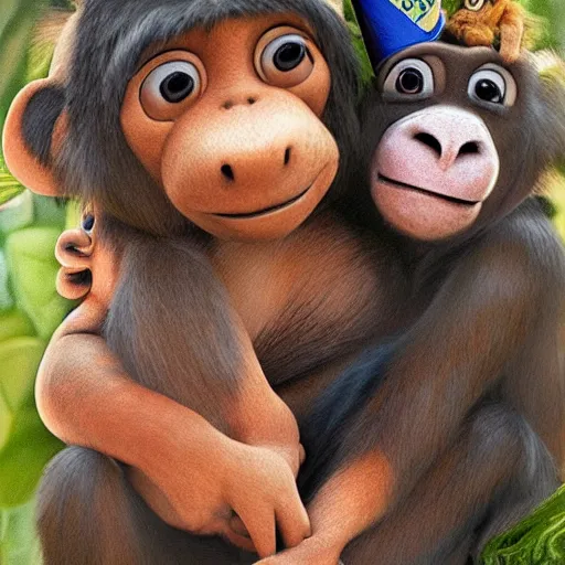 Prompt: realistic Mowgli hugging a monkey wearing a birthday hat, birthday, happy, hyper realistic, highly detailed