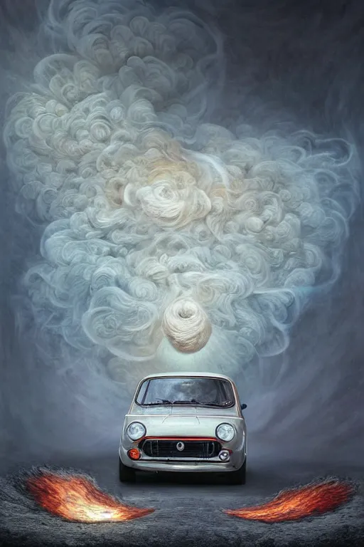 Prompt: Intricate stunning highly detailed Fiat 600R built in Spain, White color, digital painting by agostino arrivabene and Vladimir Kush, surreal, ultra realistic, Horror vacui, dramatic lighting, full moon, thick black swirling smoke tornado, burning fire embers, artstation